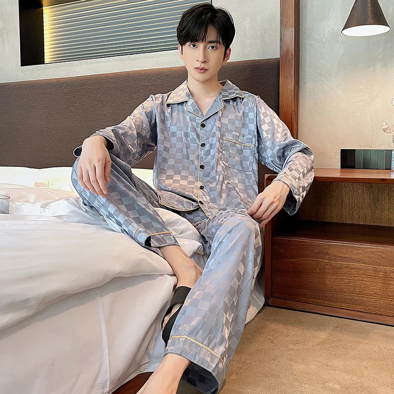Mens sleepwear set with satin silk large-sized sleepwear spring and autumn sleepwear home clothing plain weave sleepwear large 4X long sleeved evening
