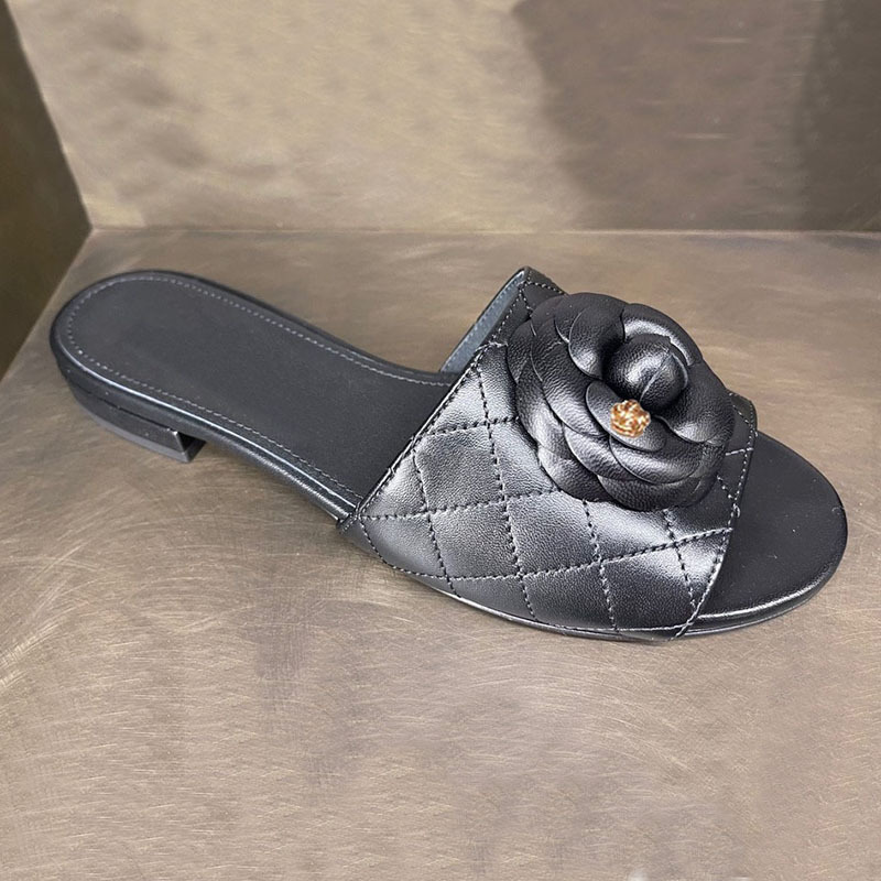 Chic Low-Heeled Ladies' Summer Footwear with Metal Floral Details Designer Camellia Sliders