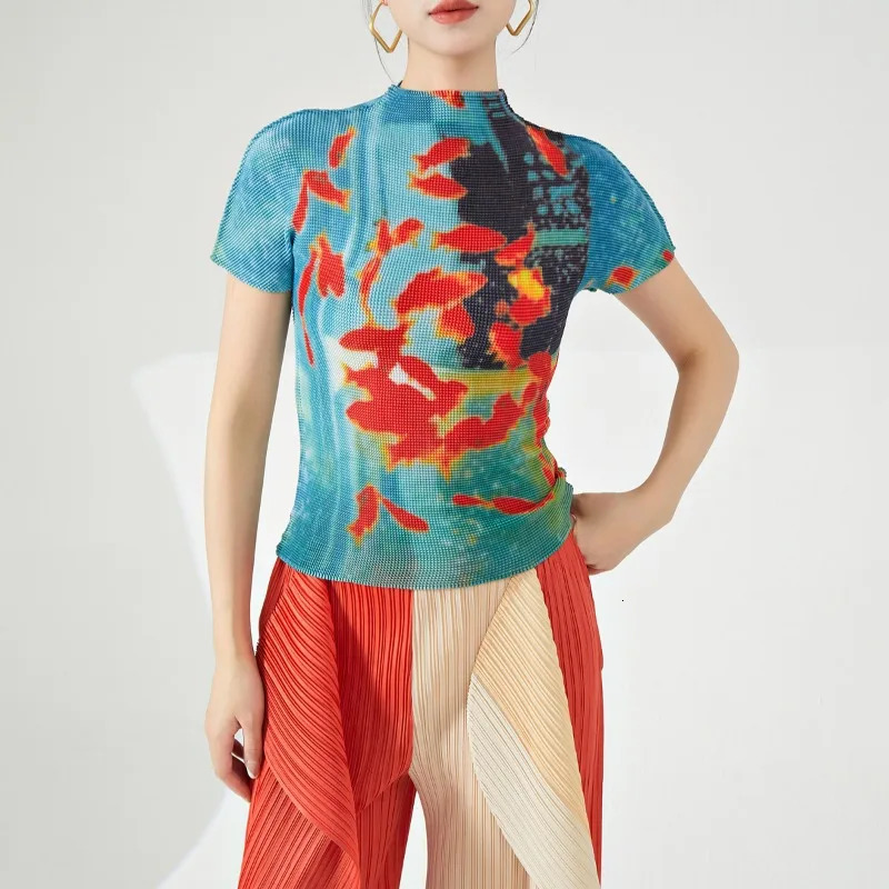 Vintage Fish Print American Folds Tees Summer Camisetas Irregular Slim Waist Tops Turtleneck Y2k Women Tshirts 250214