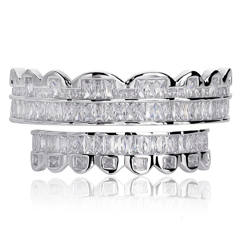 AZ Iced Out Teeth Square Zircon Stone Grills Teeth Jewelry For Men Women Rapper Top Bottom Caps Goth Fashion Jewelry 250220
