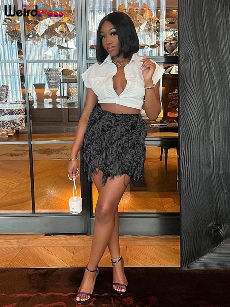 Weird Puss Peach Hip Skirts Women Thin Knit Colorful Tassel Wild Sexy Midnight Summer Trend Stretch Skinny Streetwear Bottoms 250225