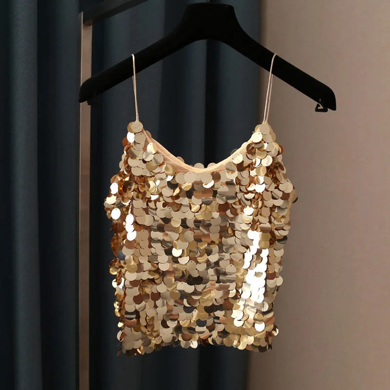 Fashion Women Sequined Tank Top Sexy V Neck Strap Camis Club Sequin Sleeveless Short Camisole Vest Tops SF792 250225