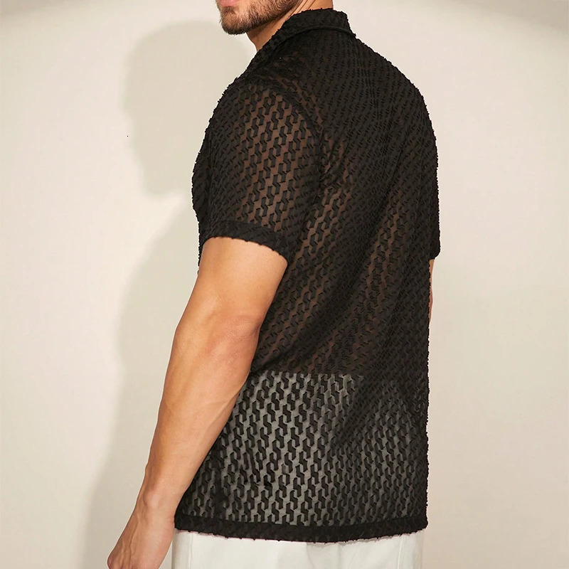 Fashionable hollow jacquard mesh shirt mens short sleeved button top transparent sexy summer mens breathable cardigan 250222