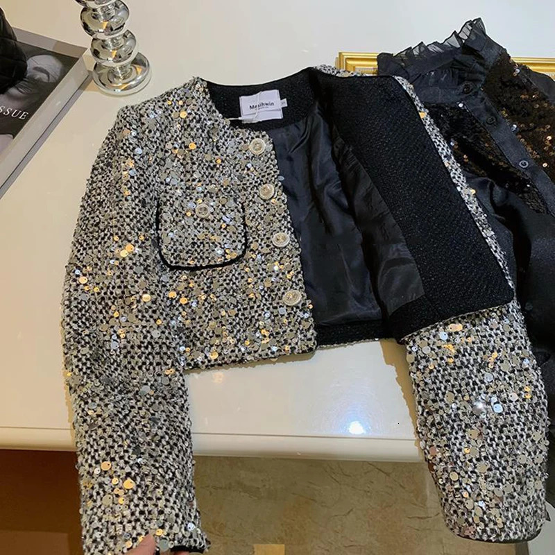 French Sequins Small Fragrant Tweed Coat For Women Fall Winter Korean Fashion Casual Jackets Elegant Outerwear Chaquetas 250210