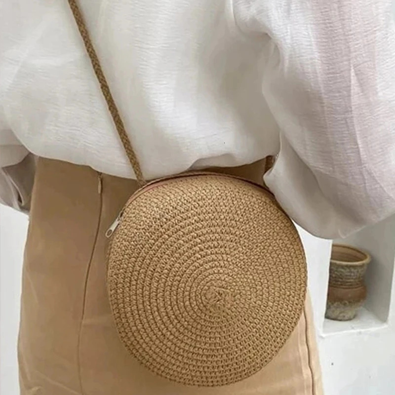 Summer Round Straw Bag For Women Woven Handmade Shoulder Bag Travel Rattan Beach Bag Casual Style Crossbody Bag Handbag Purs 250224