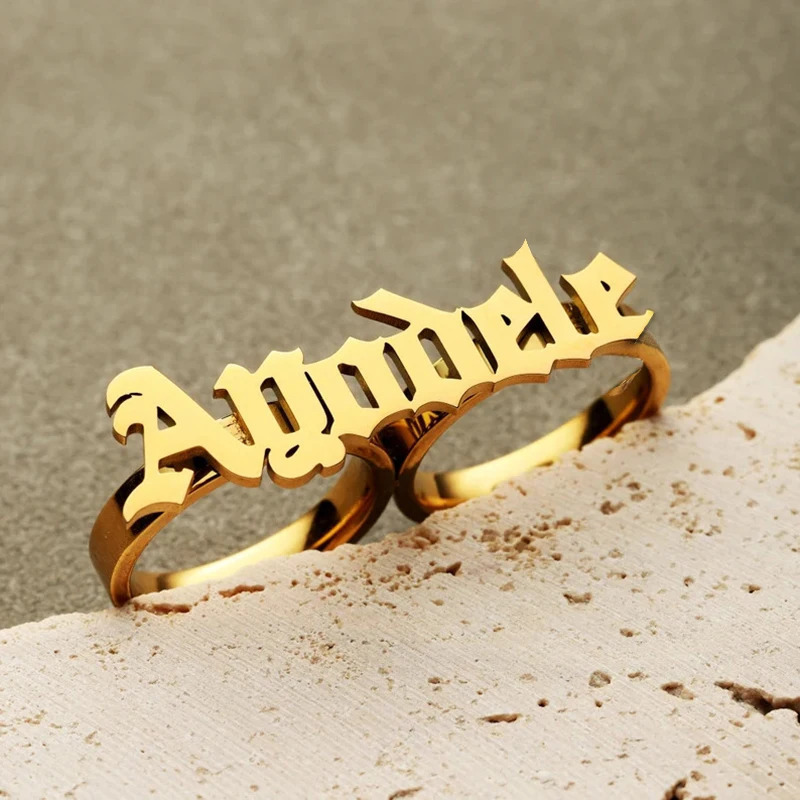 Stainless Steel Name Ring for Men Personalized Large 2 Finger Ring Knuckle Fashion Gold Double Finger Ring Women Couple Gift 250225