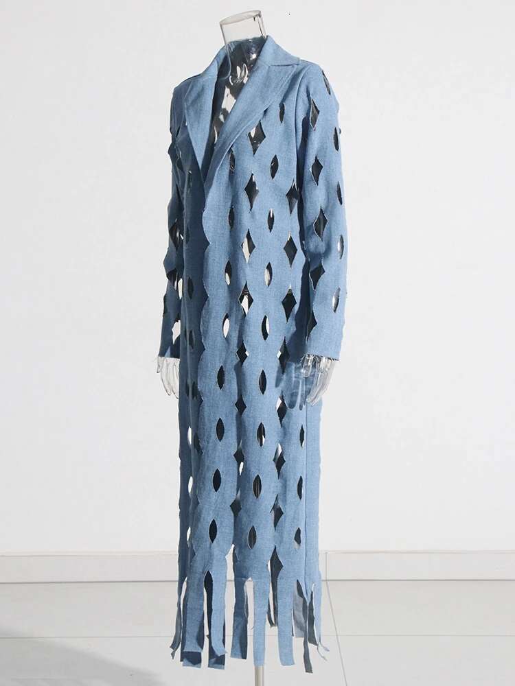 Solid Hollow Out Denim Coats For Women Notched Collar Long Sleeve Temperament Spliced Tassel Coat Female Fashion