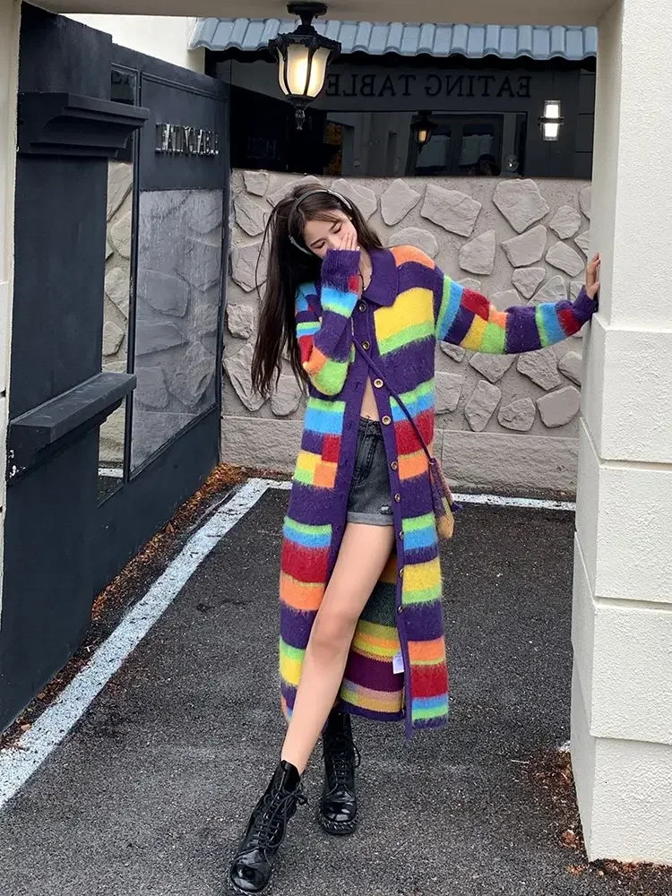 Hikigawa Chic Fashion Mohair Women Rainbow Striped Knitted Cardigan Long Coats Loose Contrast Color Sweater Outerwear Mujer 250225