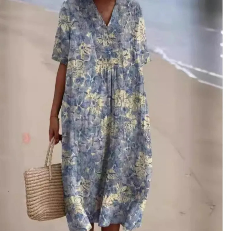 Women Floral Print Summer Maxi Dresses Colorful V Neck Short Sleeve Casual Loose Vacation Workout Beachwear Dress Robe Traf 250225