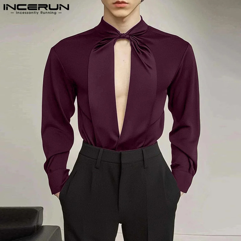 INCERUN American Fashion Shirts Mens Causal Sleeve Hollow Out Tops See Through Patchwork Well Fitting Elegant Blouses 250224