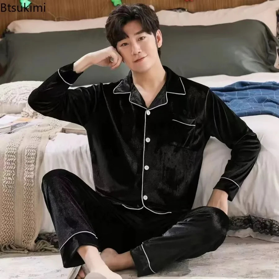 Mens Long Sleeve Pants Pajama Sets High-end Gold Velvet Homewear 2 Piece Sets Loose Lounge Sleepwear Suit Male 250225