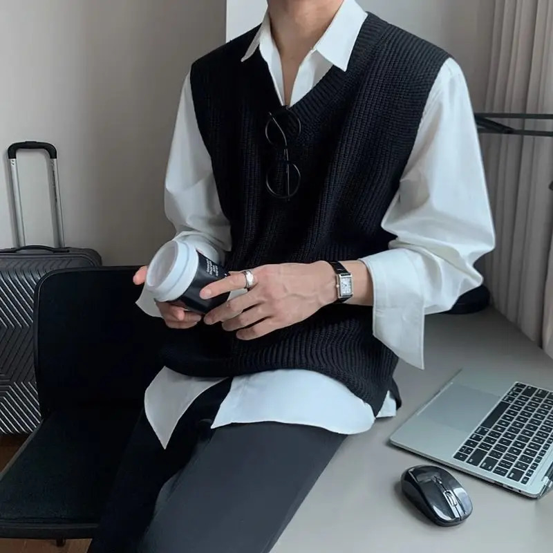 Mens V Neck Sweater Trend Plus Size Vest Knitting Tops Autumn Winter Solid Sleeveless Preppy Style Fashion Men Clothing 250225