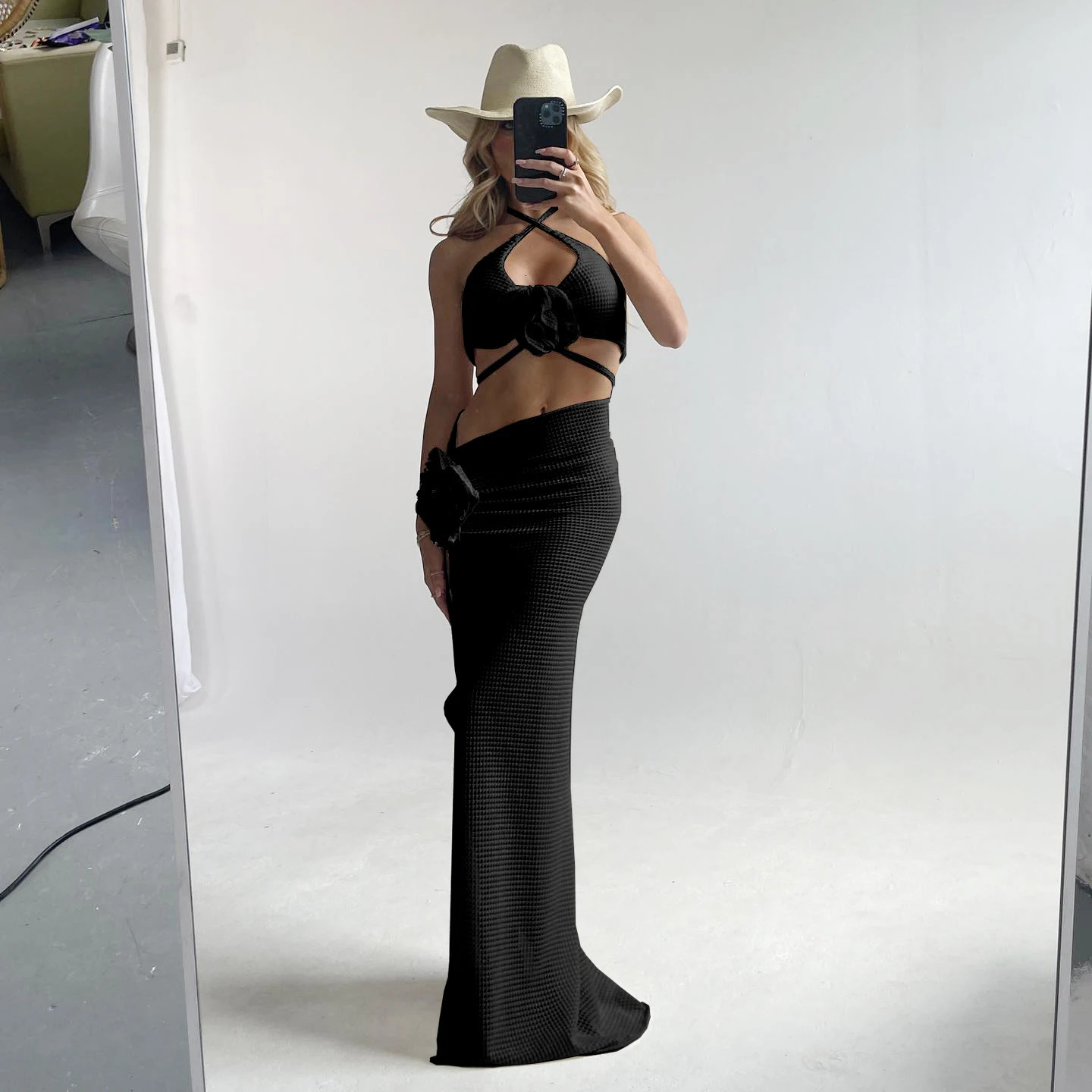 2025 3pack Bikini with Beach Skirt Swimwear Women 3D Flower Swimsuit Halter Bathing Suit Beachwear Bikini Set Biquini 250225