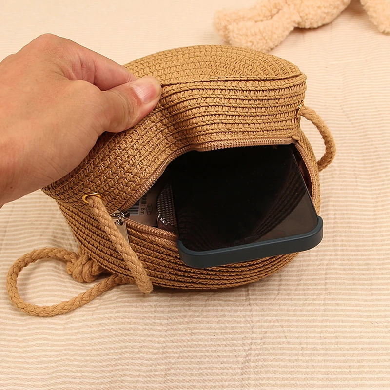 Summer Round Straw Bag For Women Woven Handmade Shoulder Bag Travel Rattan Beach Bag Casual Style Crossbody Bag Handbag Purs 250224