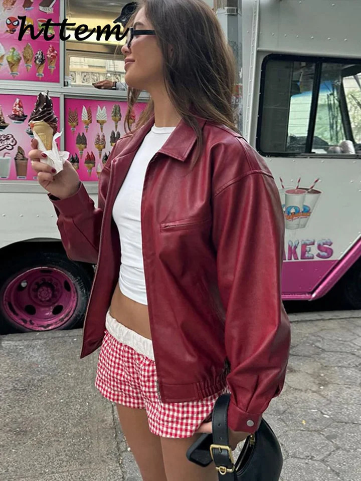 Street Womens Red Wine Leather Jacket Loose Lapel Zipper Long Sleeve Pockets Female Coat 2024 Autumn Lady Vintage Solid Outwear 250225