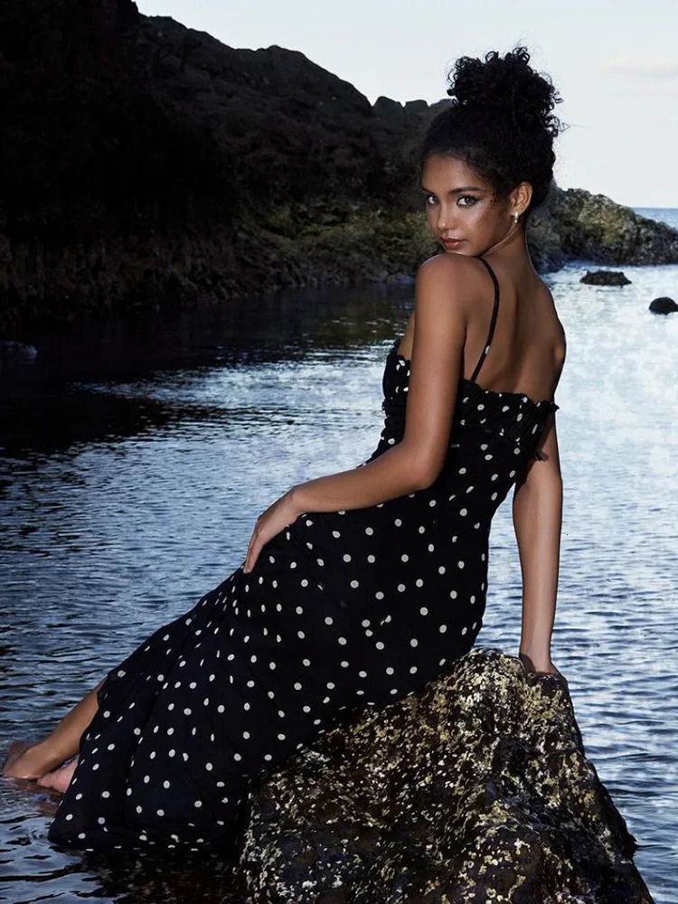 Nibber Summer Trend Slash Neck Dress Women Polka Dots Print Spaghetti Strap Solid Skinny Elegant Clubwear Maxi Bodycon Vestidos 250225