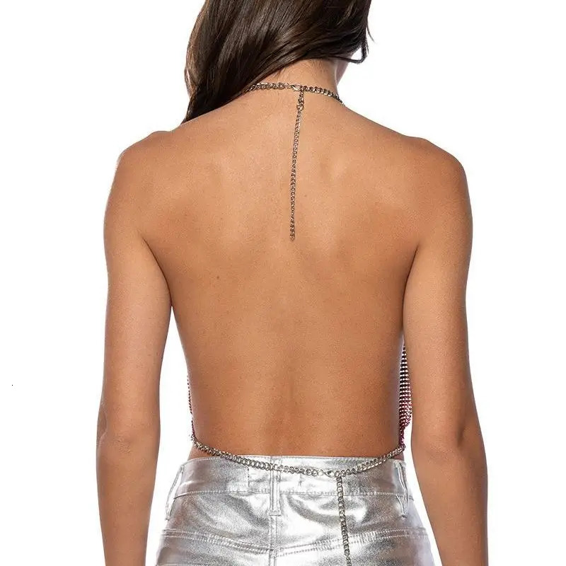 Sexy Metal Sequins Tank Top For Women Summer V Neck Backless Crop Tops Solid Short Party Nightclub Tank Tops 250225