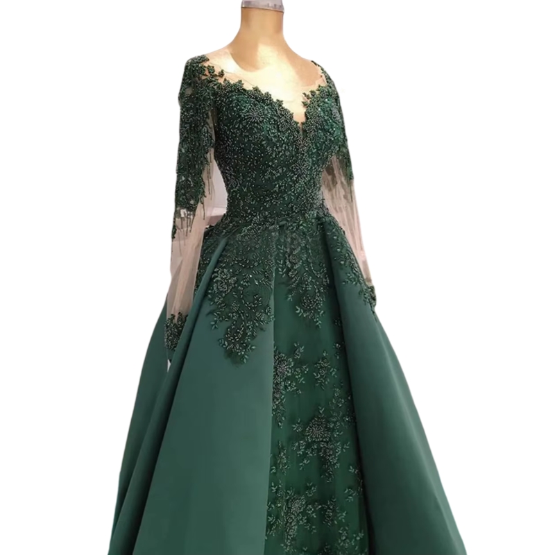 Elegant Hunter Green Evening Dresses Beaded Lace Luxurious Arabic A-Line Formal Occasion Gowns Long Sleeves Prom Party Dress Custom Made Muslim Robe