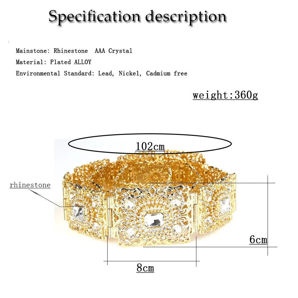 Sunspicems Gold Color Blue Crystal Morocco Caftan Belt For Women Algera Bride Wedding Belt Jewelry Decorative Waist Chain 250225
