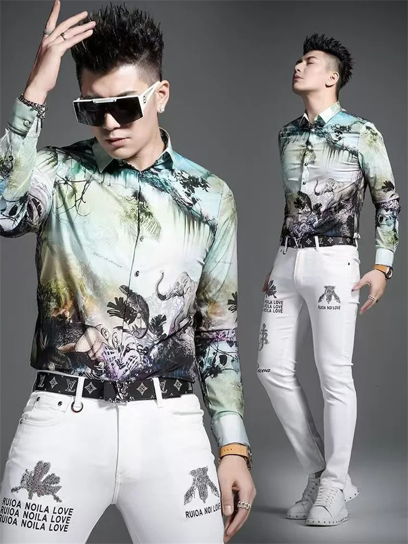 Y2K Men Fashion Printed Vintage Shirt Spring Hawaiian Mens Long Sleeve Casual Beach Shirts Man Tops Chemises Hommes 250226