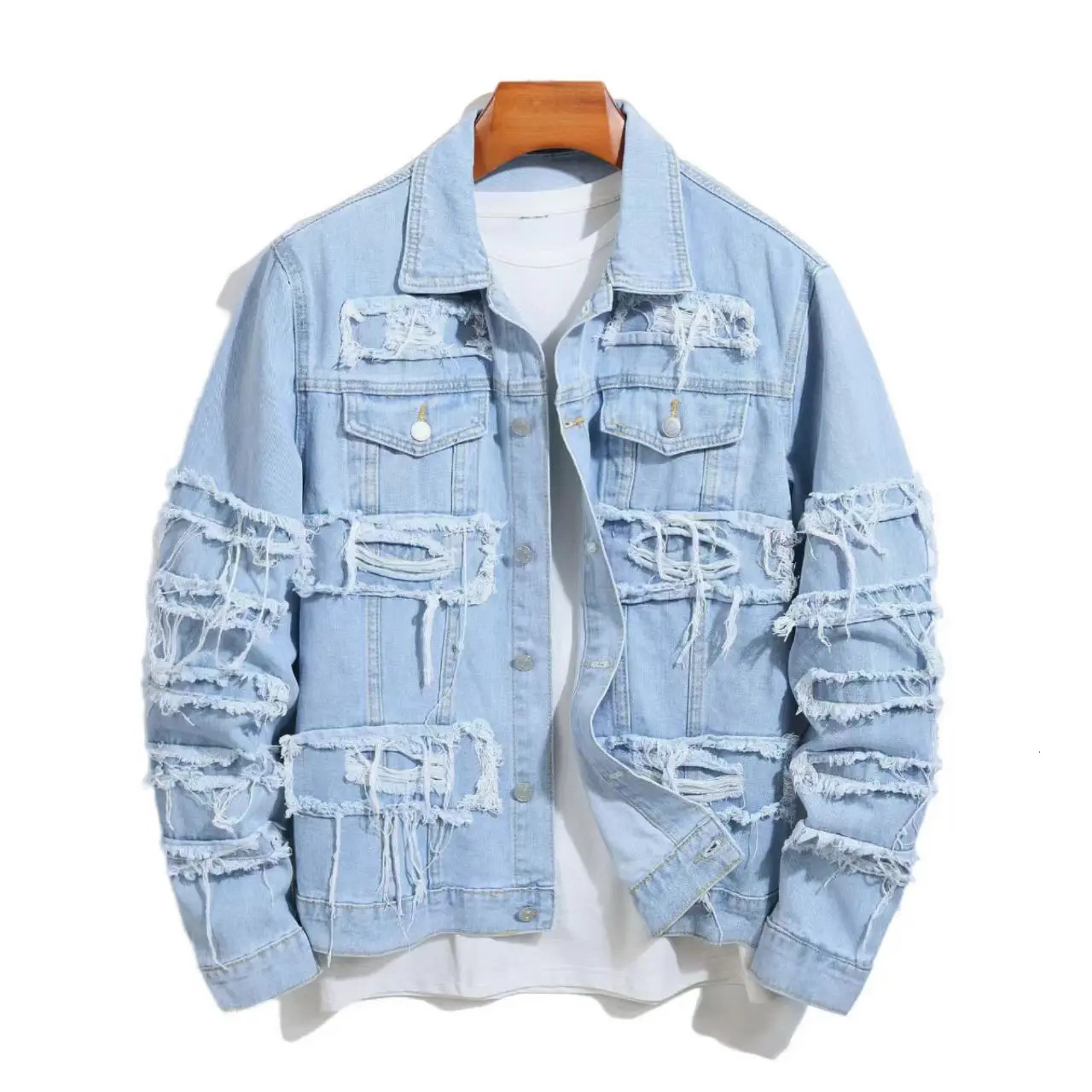 Men Distressed Stacked Splicing Denim Jacket Stylish Street Slim Ripped Male Casual Jean Jacket Coat 250225