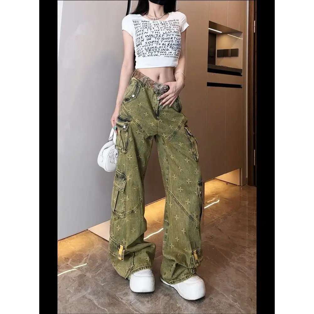 American Retro Vintage Workwear Jeans For Women Summer Multiple Pockets Heavy Embroidery Loose Fit Wide Leg Or Length Pants