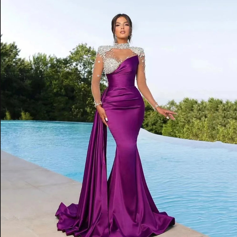 Elegant Hunter Green Mermaid Graduation Dress With Draped Train Sheer Sleeves Jewel Neck Appliques Beads Long Party Prom Evening Gowns Formal Dresses  - view 4