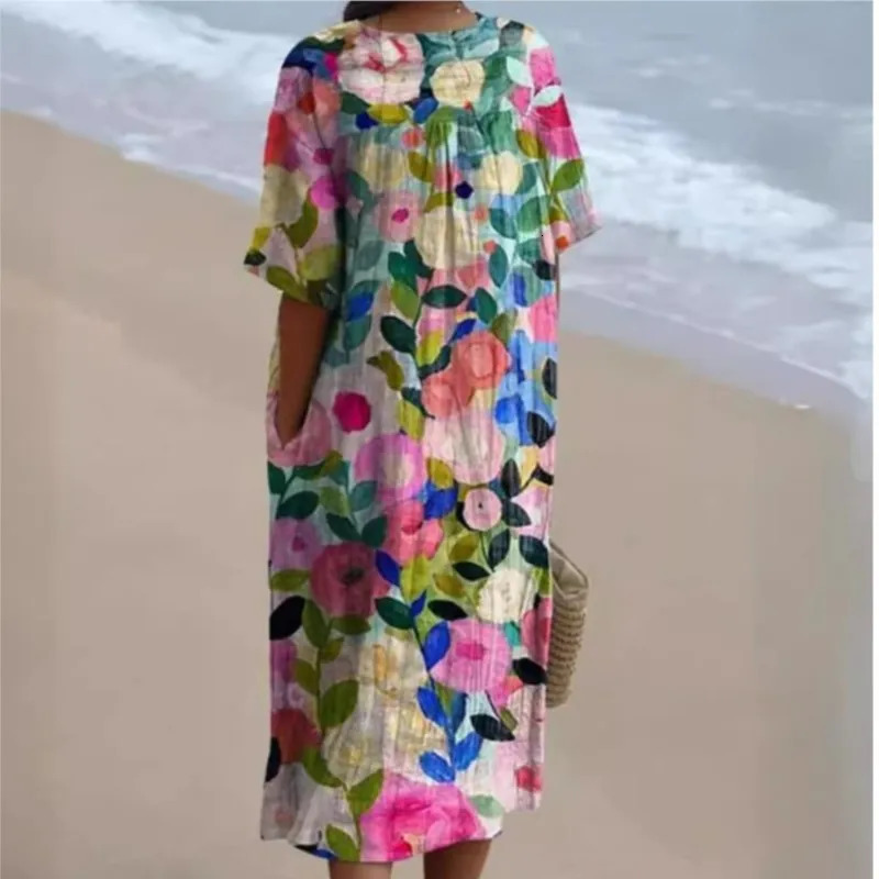Women Floral Print Summer Maxi Dresses Colorful V Neck Short Sleeve Casual Loose Vacation Workout Beachwear Dress Robe Traf 250225