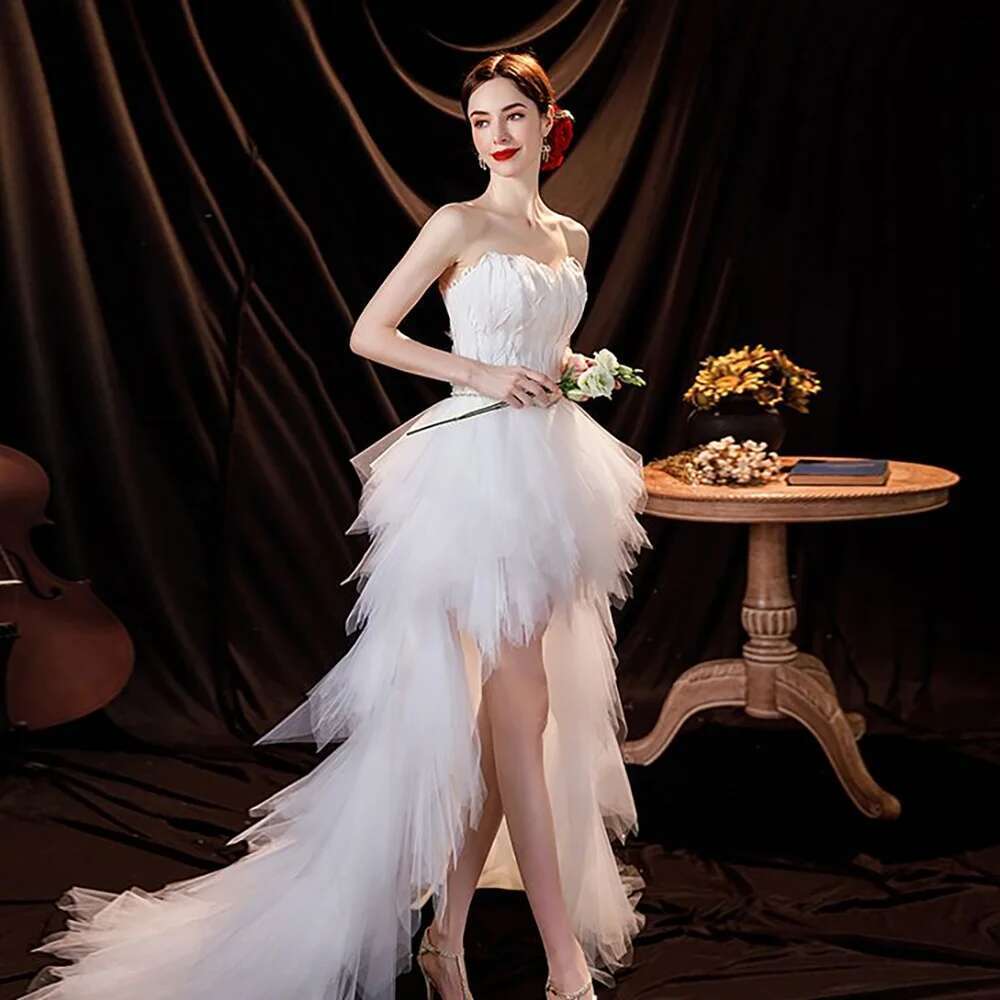 Exquisite White Strapless Evening Dresses For Women Stylish Mini Sheath With Feather Finish Up To The Floor Formal Dinner Party Tulle Dress