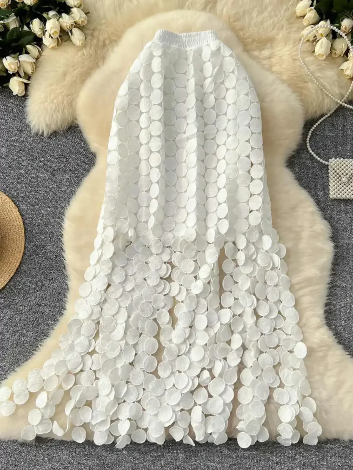 Womens Tube Skirt Hollow Out Polka Dot Tassel Autumn High Waist Slimming Mid Length Straight Party Sexy Faldas Female SK008 250225