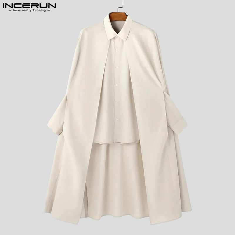Fashion Casual Style Tops INCERUN Mens Hollowed Cape Mid Length Shirt Male Solid Simple Loose Long Sleeved Blouse S-5XL 250224