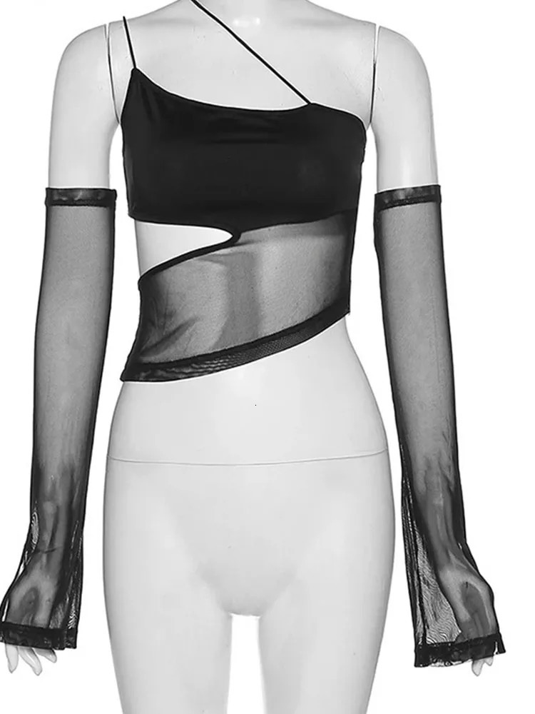 Asymmetrical Cut Out Mesh Crop Top with Sleeves Fairy Grunge Clothes Transparent Camisole Tank Tops 250225