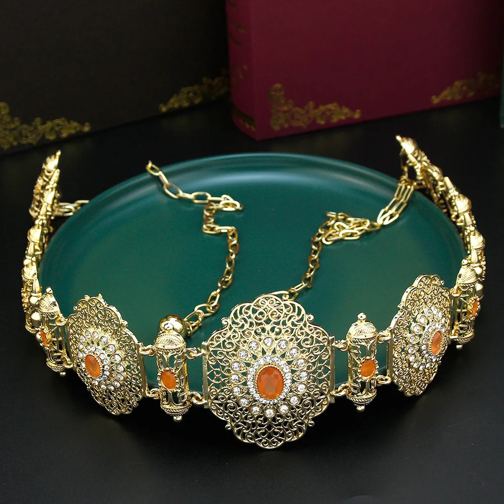 Sunspicems Chic Metal Waist Chain Morocco Belt Bride Body Chain Gold Color Orange Women Caftan Abaya Belt Arabic Wedding Jewelry 250225