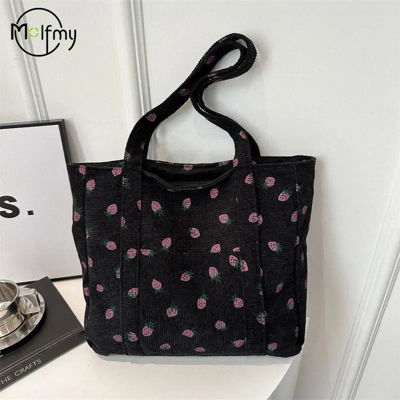 Corduroy Handbag Strawberries Beach Bag Fashionable Versatile Shoulder LargeCapacity Simple Womens Tote Bags 250221
