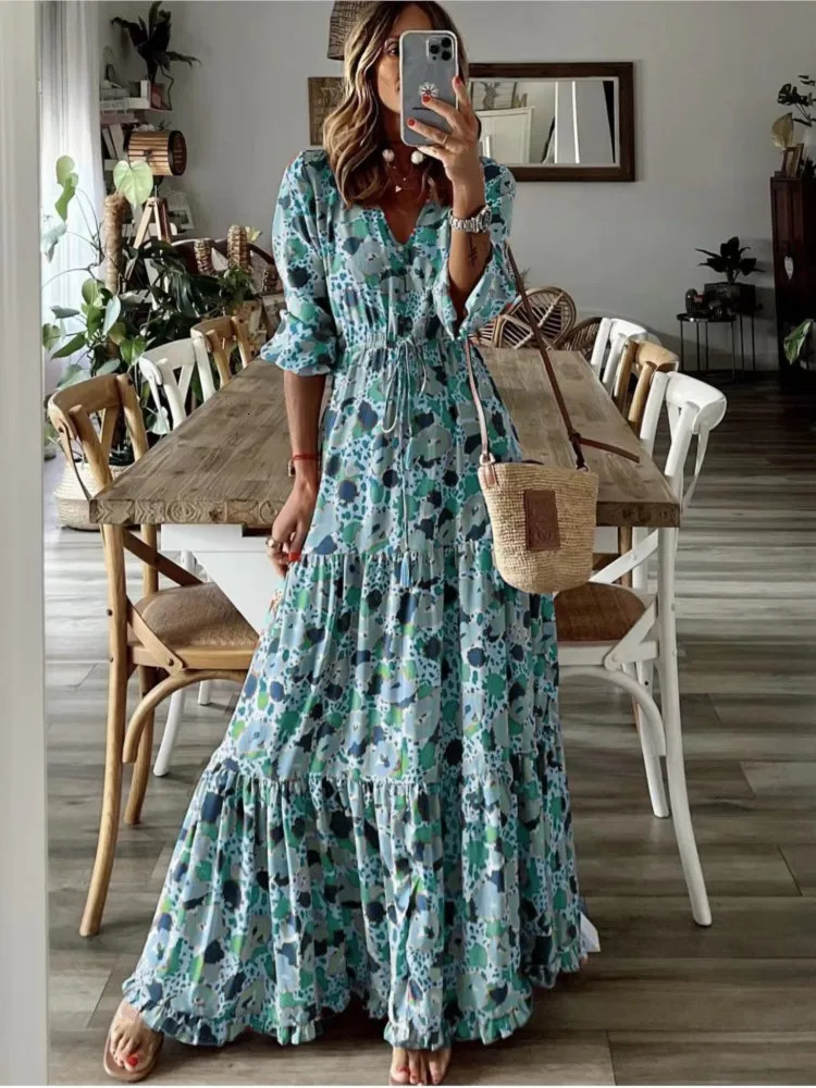 Spring Autumn Flower Print Long Dresses For Women Casual Holiday A-line Beach Dress Fashion Elegant Bohemian Style Maxi Vestidos 250225