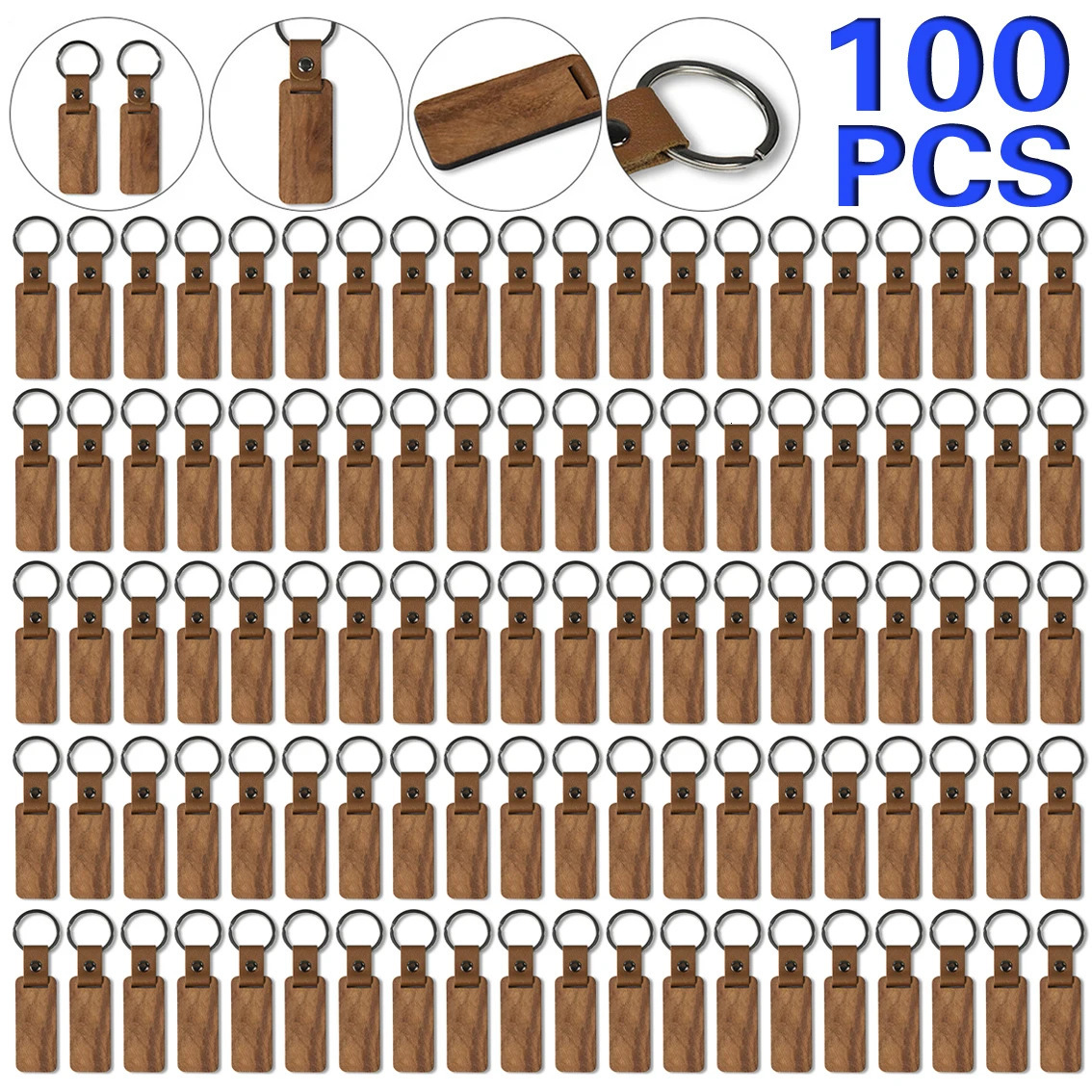 100Pcs Blank Wood Keychains PU Leather Keychain Rectangular Wood Key Chain 250221