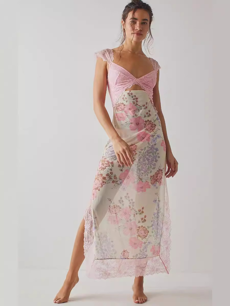 2025 summer new printed lace shoulder strap slit long skirt dress