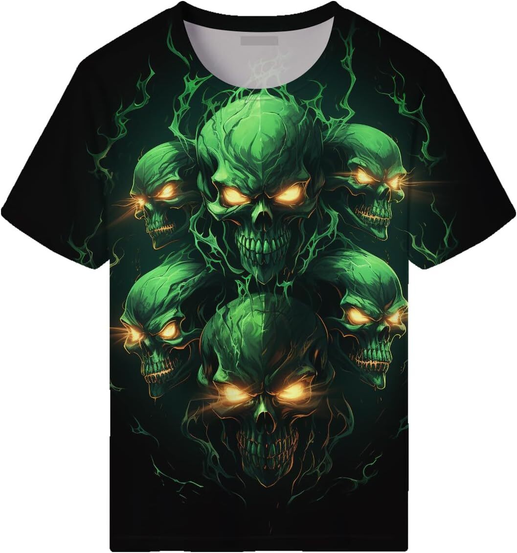 Mens T shirt Novelity 3D Print Skull T-Shirts for Men Flame Skull Graphic Short Sleeve Tee Shirt tee Casual tops summer clothes green