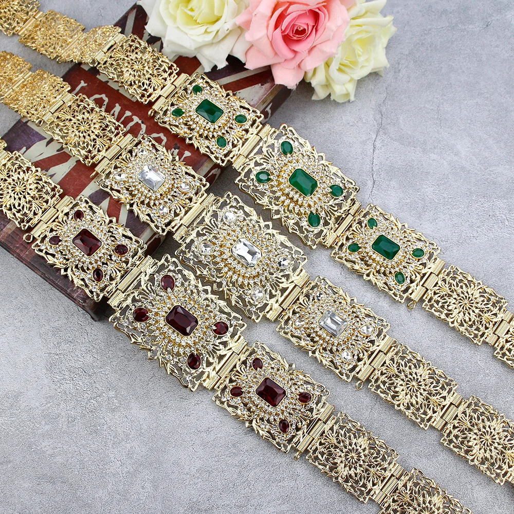 Sunspicems Gold Color Blue Crystal Morocco Caftan Belt For Women Algera Bride Wedding Belt Jewelry Decorative Waist Chain 250225