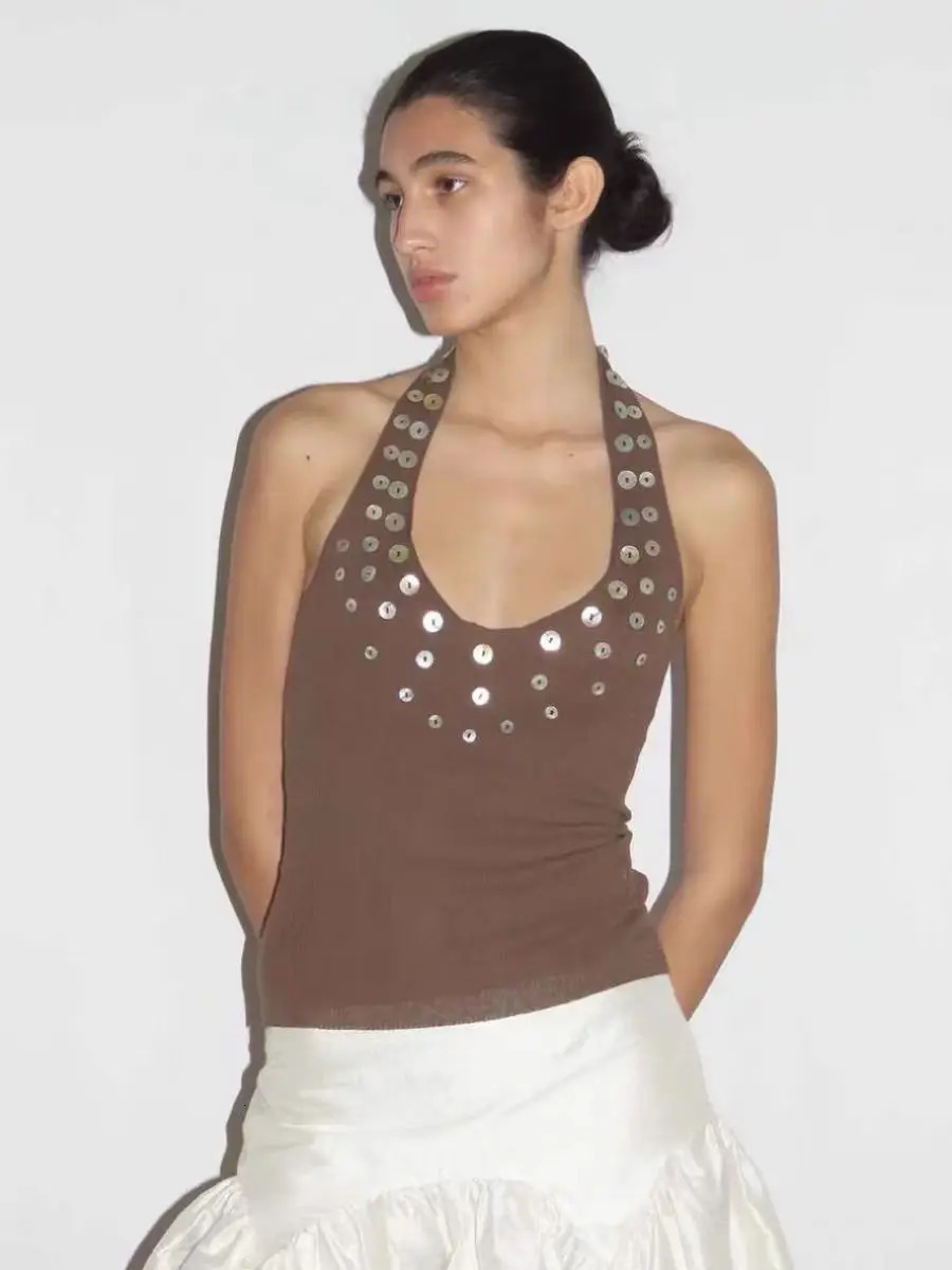 Spanish irregular mother of pearl sequin decorative thread knitted hanging neck vest top for women 250225