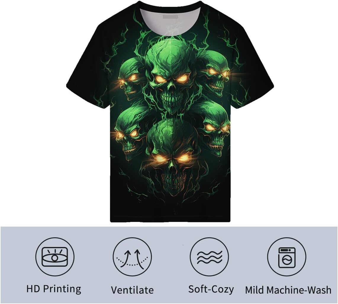 Mens T shirt Novelity 3D Print Skull T-Shirts for Men Flame Skull Graphic Short Sleeve Tee Shirt tee Casual tops summer clothes green