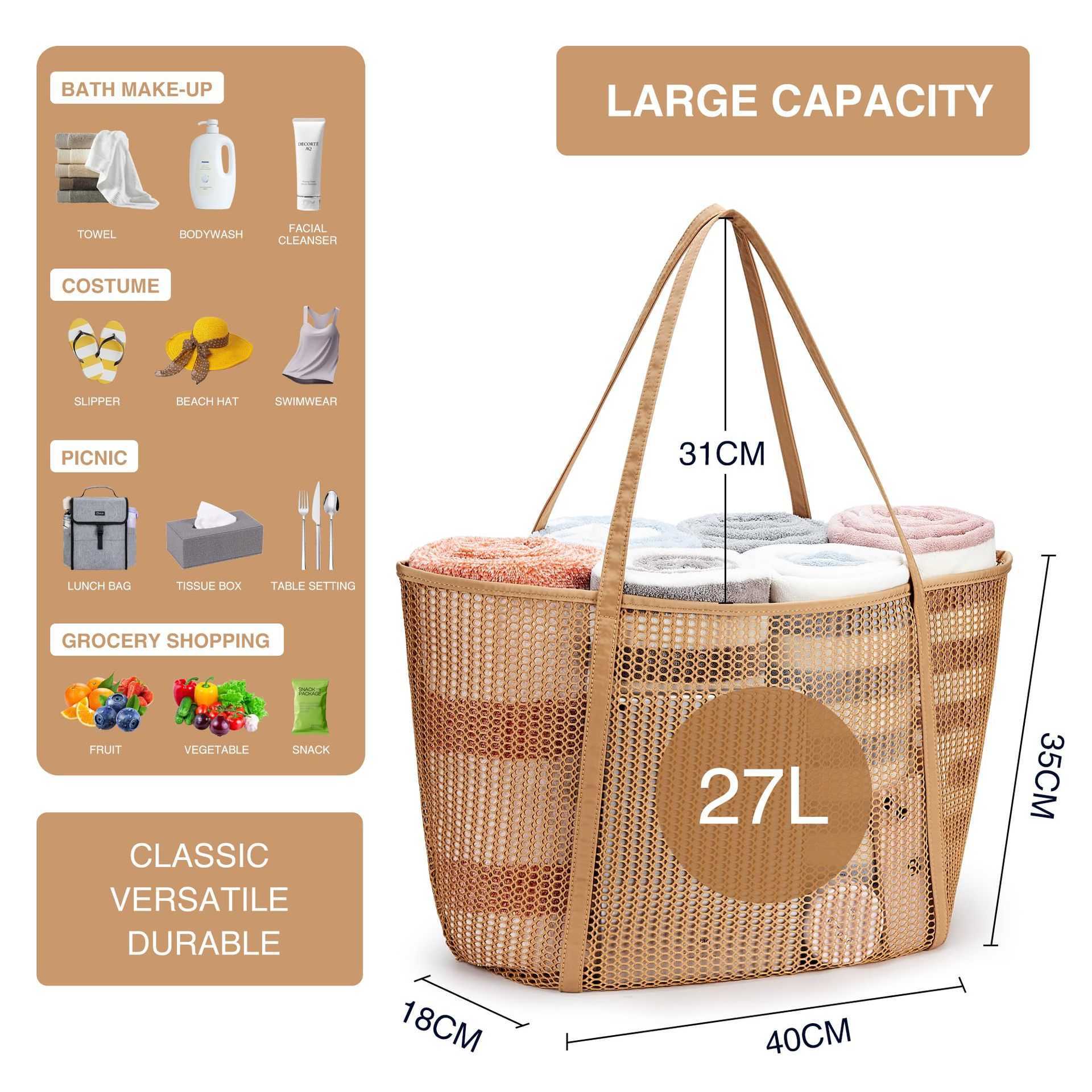 Portable travel bag with wide shoulder straps and diagonal crossing beach bag, mesh handle for carrying large bags, shoulder bag 250215