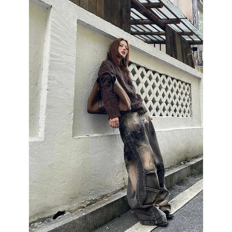 MDNG American Vintage Waist Printting Jeans Women Casual 2000S Washed Pants Baggy Y2k Wide Leg Grunge High Street Denim Trouser