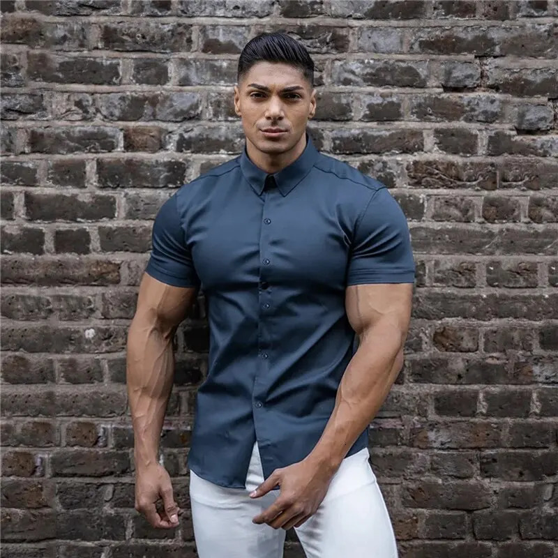 Solid Color Shirt Summer Mens No-Ironing Shows Figure Casual Stylish Suit Short XL-XXXL Black White Navy Blue 250226