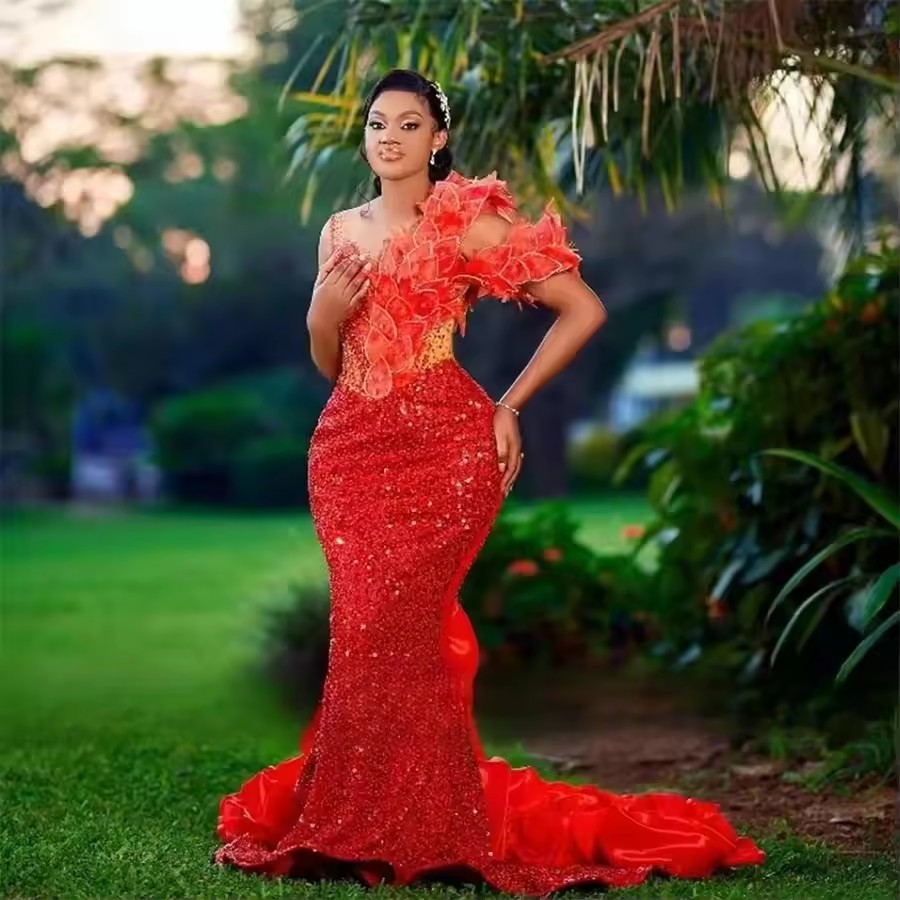 Elegant One Shoulder Mermaid Prom Dresses 2025 For Black Girls Red Lace Sequins Birthday Dress Formal Party Gowns Customized