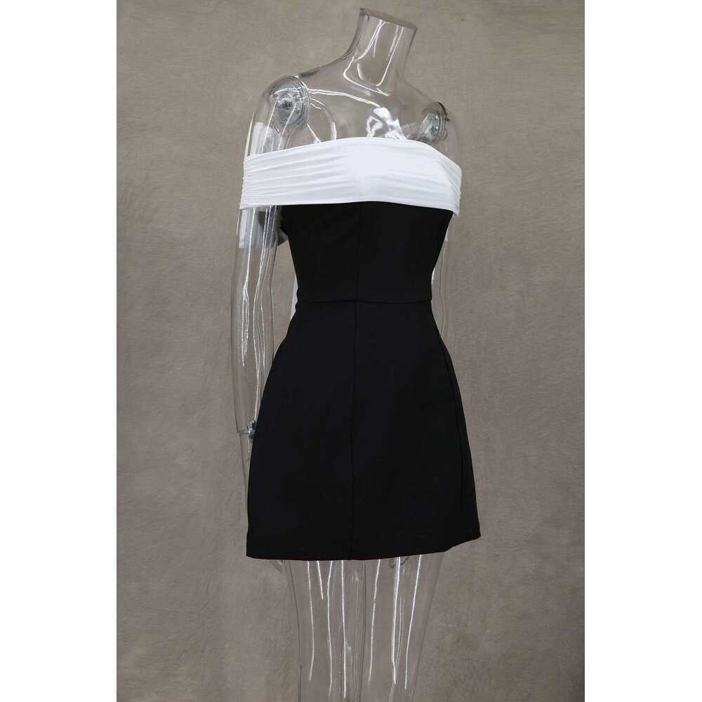 Women's Dress Spring/Summer One Shoulder Black And White Contrast Waist A Swing Design Bow Dress