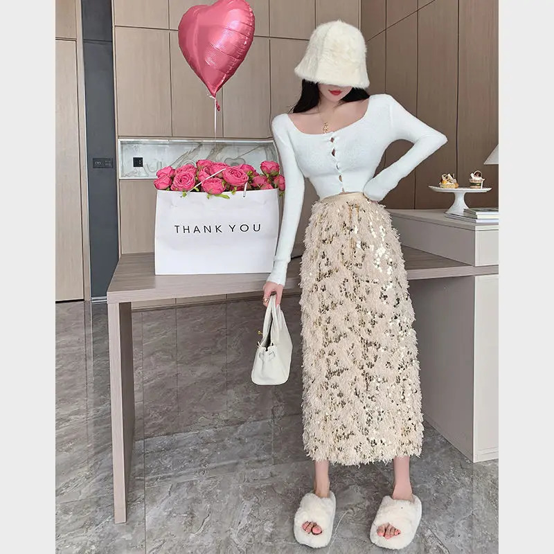 A Line Jupe Heavy Industry Sequin Tassel Feather Skirts Black Vintage Office Lady Women Skirt Faldas Mujer Moda 2025 Long 250225