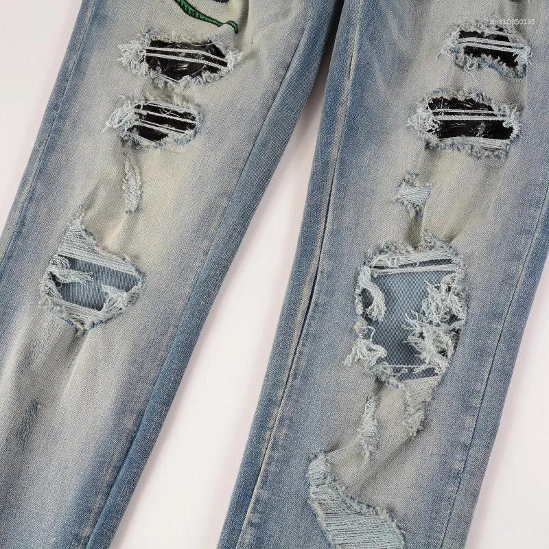 Men's Jeans Light Blue Embroidered Snake Patchwork High Street Stretch Distressed Slim Fit Ripped Men