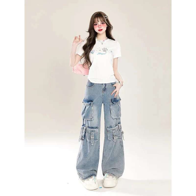 Deeptown Heavy Industry Cargo Jeans Women Vintage Oversize Pocket Wide Leg Streetwear Gyaru Denim Pants Acubi Trousers Aesthetic