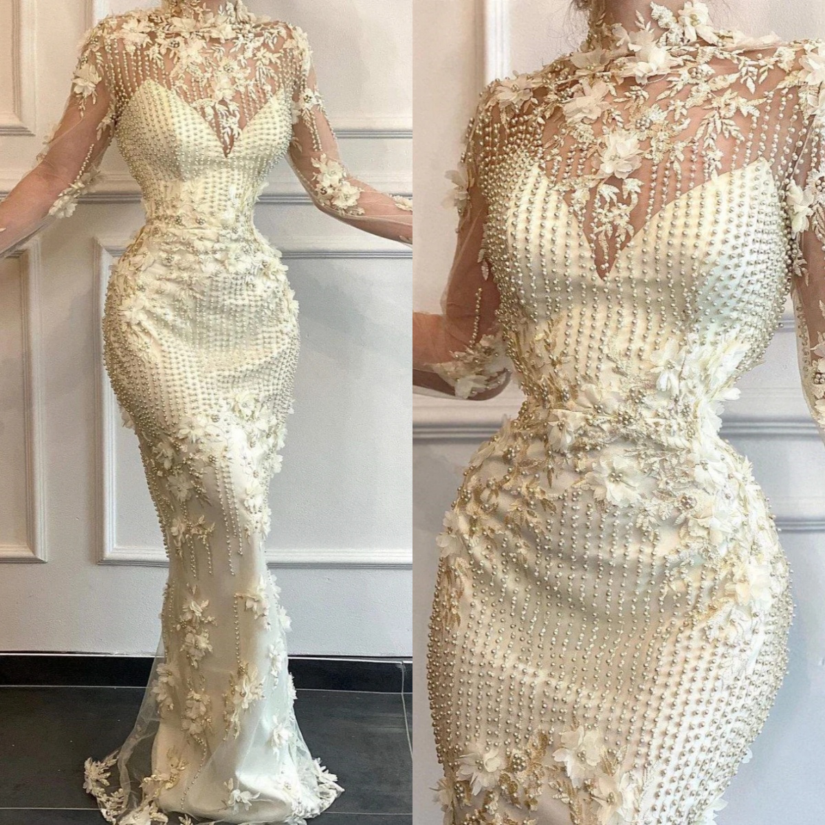 Designer Mermaid Evening Dresses For Women High Collar Long Sleeves Gown Appliques Beaded Customized Dress
